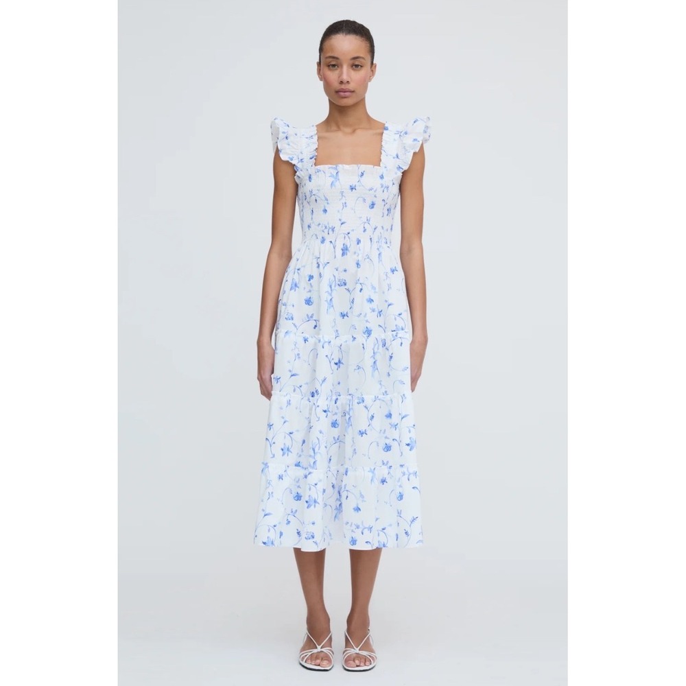 Hill House Home Ellie Nap Dress Blue Botanical Smocked Ruffle Midi Floral M